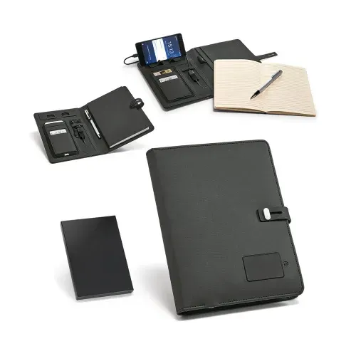 AFONSO. Pasta A5 em c. sintético com bateria portátil embutida (lítio) 4 000 mAh e caderno com 128 páginas pautadas