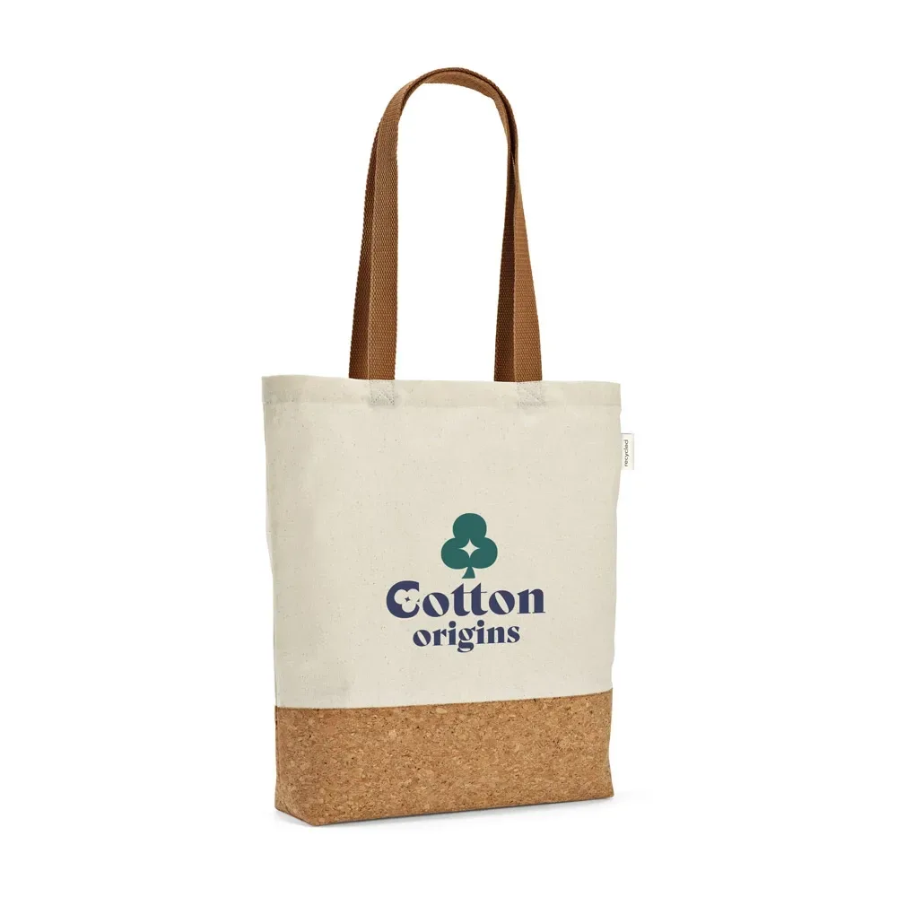 MANAUS. Sacola em 70% algodão reciclado e 30% poliéster reciclado (180 g/m²) com fundo em cortiça