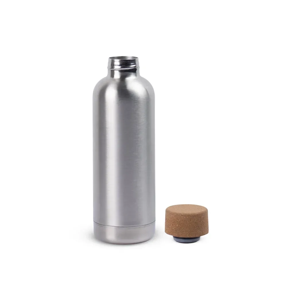 DALEY. Squeeze em aço inox de parede simples, com tampa em cortiça 760 mL