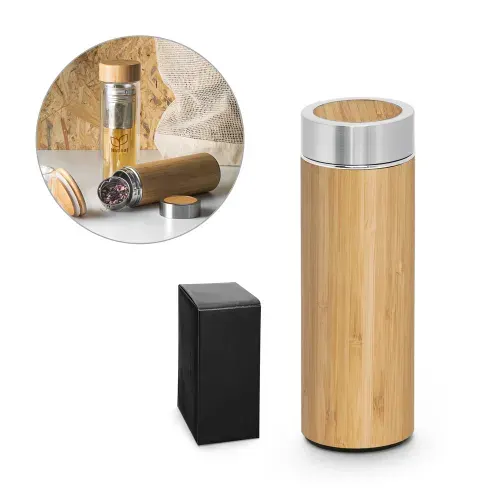 NATUREL. Garrafa em aço inox 90% reciclado e bambu de parede dupla térmica, isolada a vácuo 430 mL