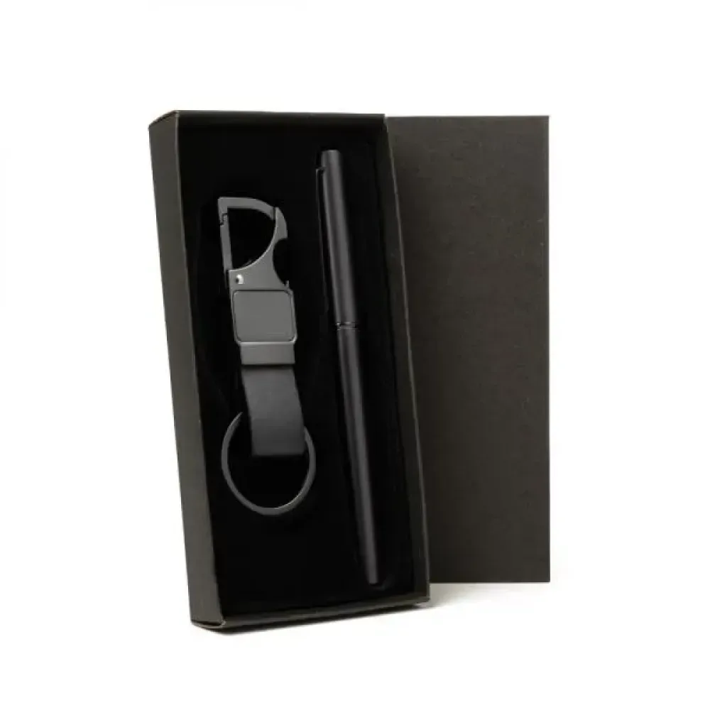 CANETA ROLLER E CHAVEIRO CINZA EM METAL E PU PRETO