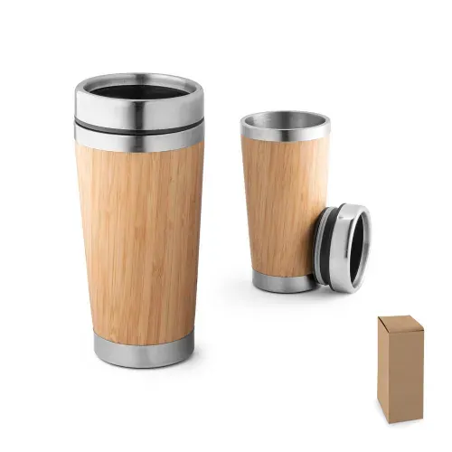 PIETRO. Copo de viagem em aço inox e bambu, térmico com parede dupla isolada a ar, com sistema de abertura deslizante 500 mL