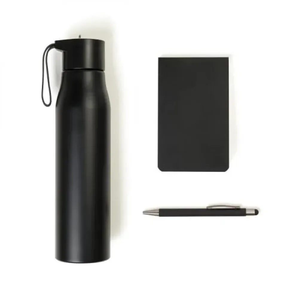 KIT GARRAFA, BLOCO PARA ANOTAÇÕES E CANETA - 3 PÇS