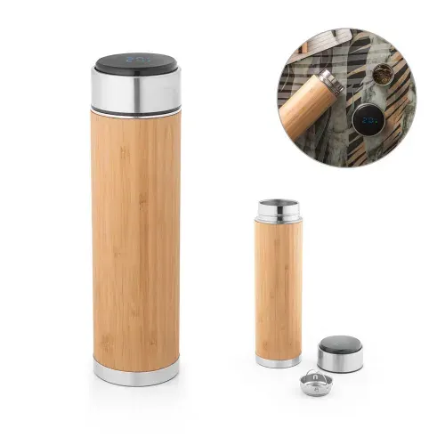 JOSHUA. Garrafa em aço inox e bambu de parede dupla térmica, isolada a vácuo com termómetro digital 430 mL