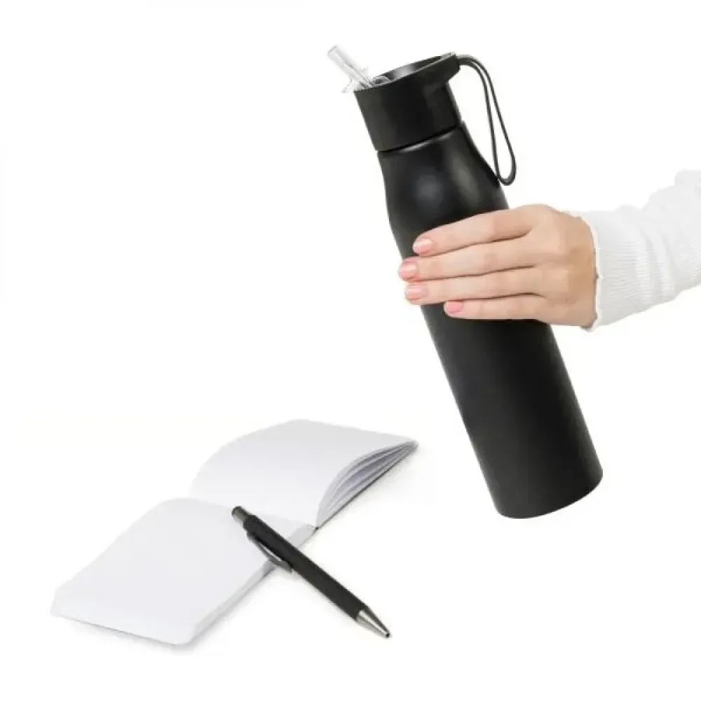 KIT GARRAFA, BLOCO PARA ANOTAÇÕES E CANETA - 3 PÇS
