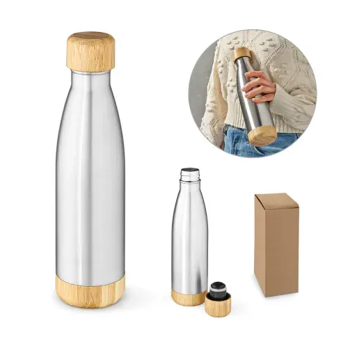 BROMELL 550. Garrafa em aço inox 90% reciclado de parede dupla térmica, isolada a vácuo com tampa em bambu 550 mL