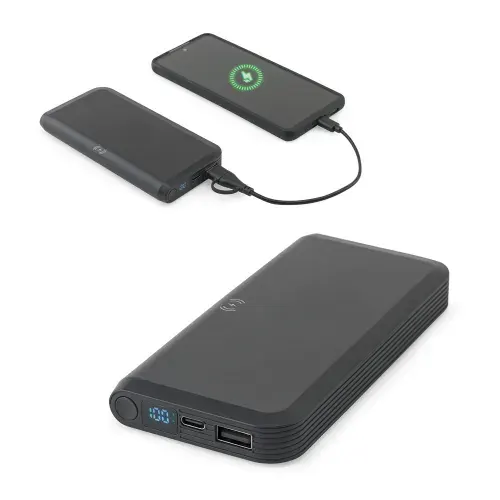 BECKER 10. Bateria portátil em ABS 100% reciclado com carregador por indução (wireless) super-rápido 15W e capacidade de 10 000 mAh