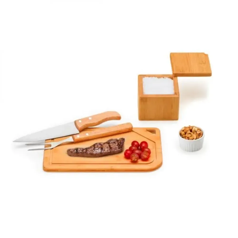 KIT PARA CHURRASCO EM BAMBU / MADEIRA / INOX - 5 PÇS