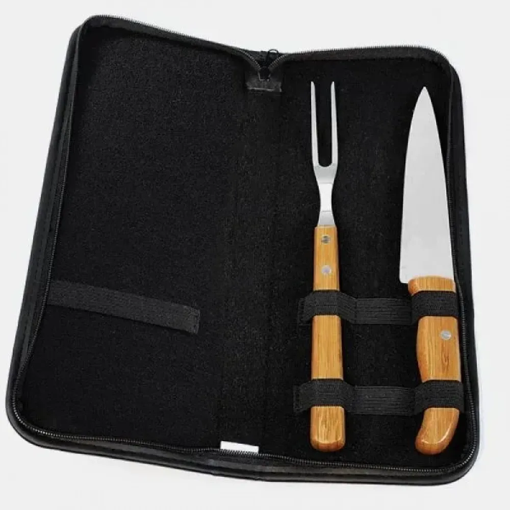 KIT GARFO, FACA INOX/BAMBU COM ESTOJO E AVENTAL - 4 PÇS