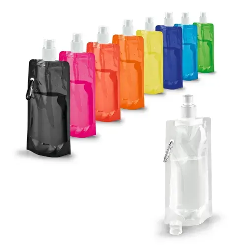 KWILL. Squeeze dobrável em PE com bico de sistema push-pull e acabamento translúcido com mosquetão 460 mL