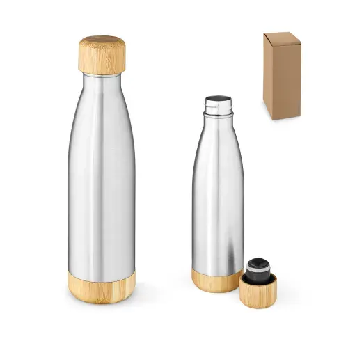 BROMELL 800. Garrafa em aço inox 90% reciclado de parede dupla térmica, isolada a vácuo com tampa em bambu 800 mL
