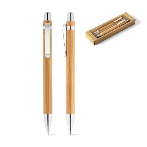 MELLO. Conjunto de esferográfica com escrita em azul e lapiseira, ambas em bambu