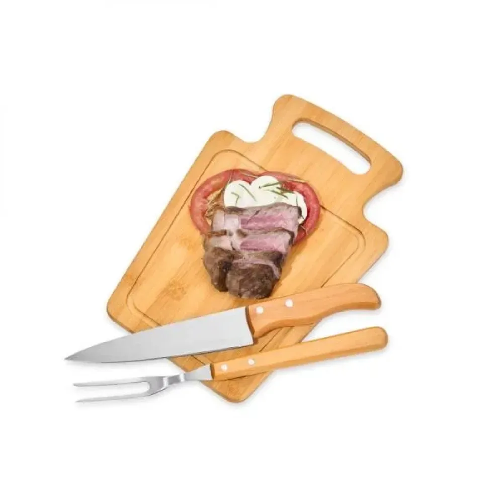 CONJ. PARA CHURRASCO EM BAMBU / MADEIRA / INOX - 3 PÇS