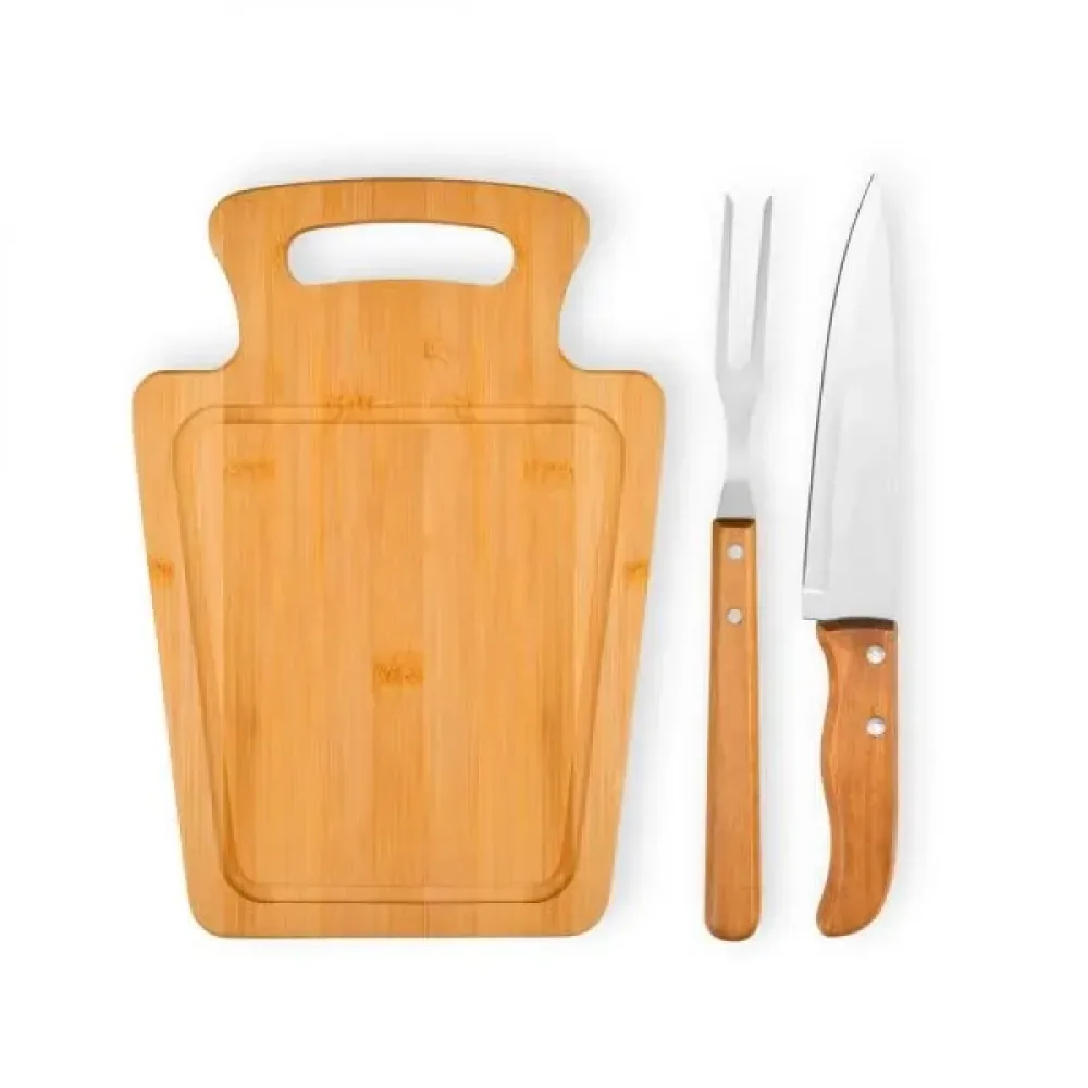 CONJ. PARA CHURRASCO EM BAMBU / MADEIRA / INOX - 3 PÇS