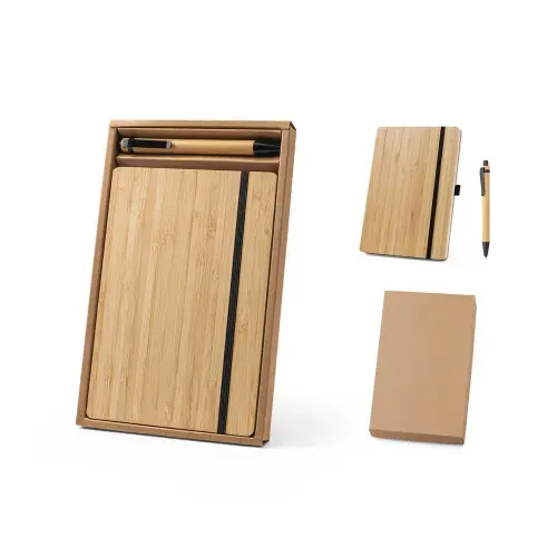 GAIMAN. Conjunto de caderno A5 em bambu com 192 páginas pautadas e esferográfica em bambu