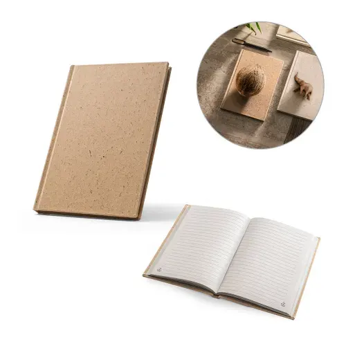 COCOPAD. Caderno A5 em casca de coco (60%) e trapos de algodão (40%) com folhas pautadas, com 160 páginas pautadas recicldas